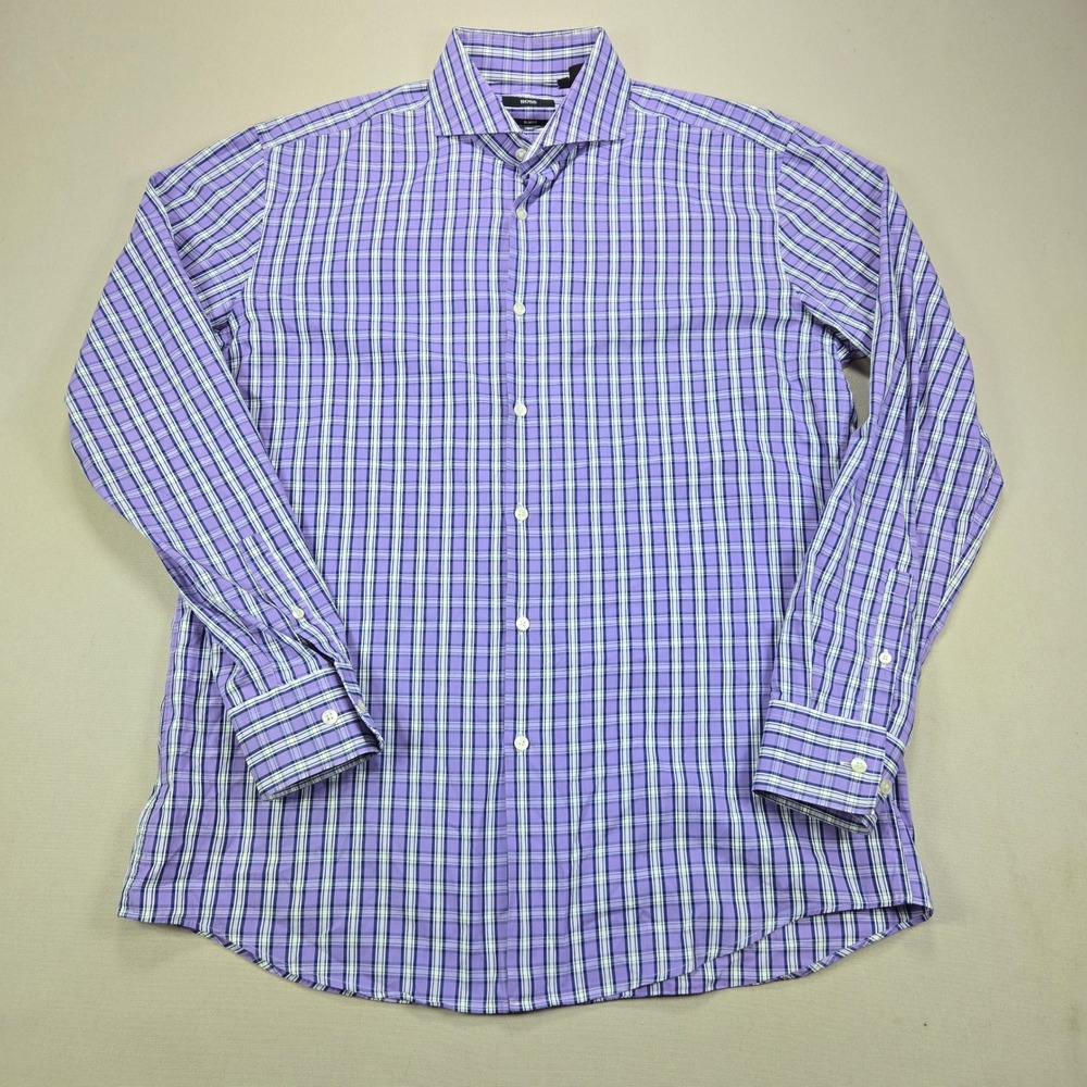 Hugo Boss Dwayne Shirt Plaid Slim Fit Italian Fabric Purple‎ Mens 17 43 XL